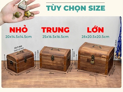 Rương gỗ viền da đinh tán bo nắp [03 Size - Tặng ổ khóa] Cao 14 - 20cm RUONG-GO-05